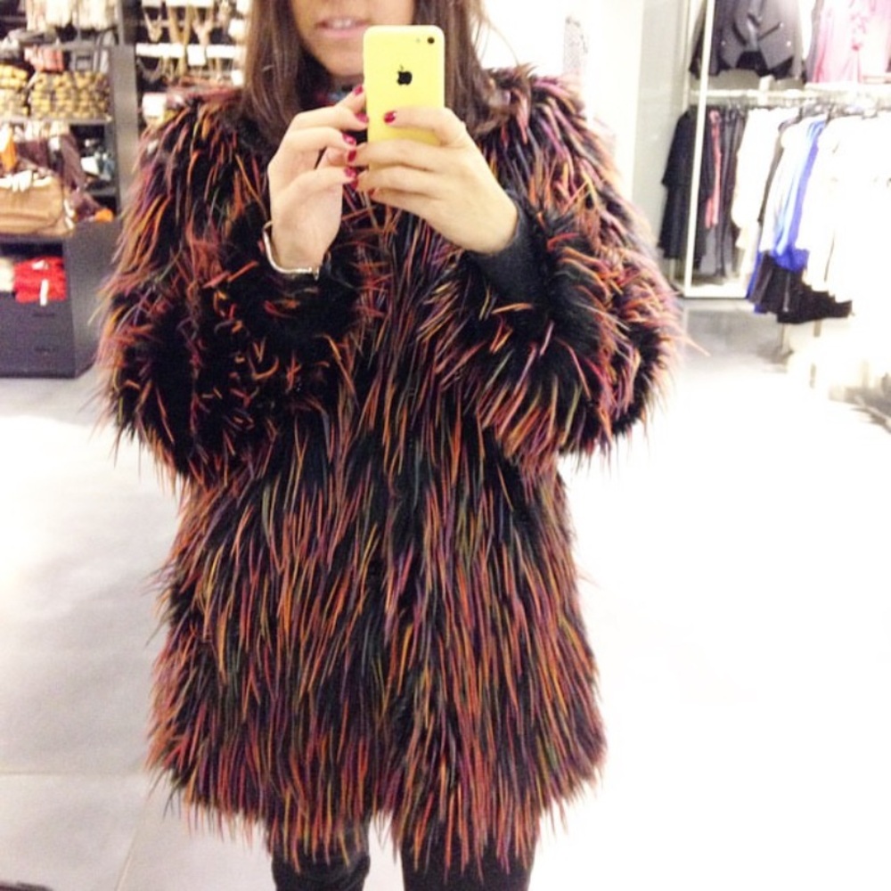 H&M 2014 Best Seller Faux Fur Coat black orange red size 6